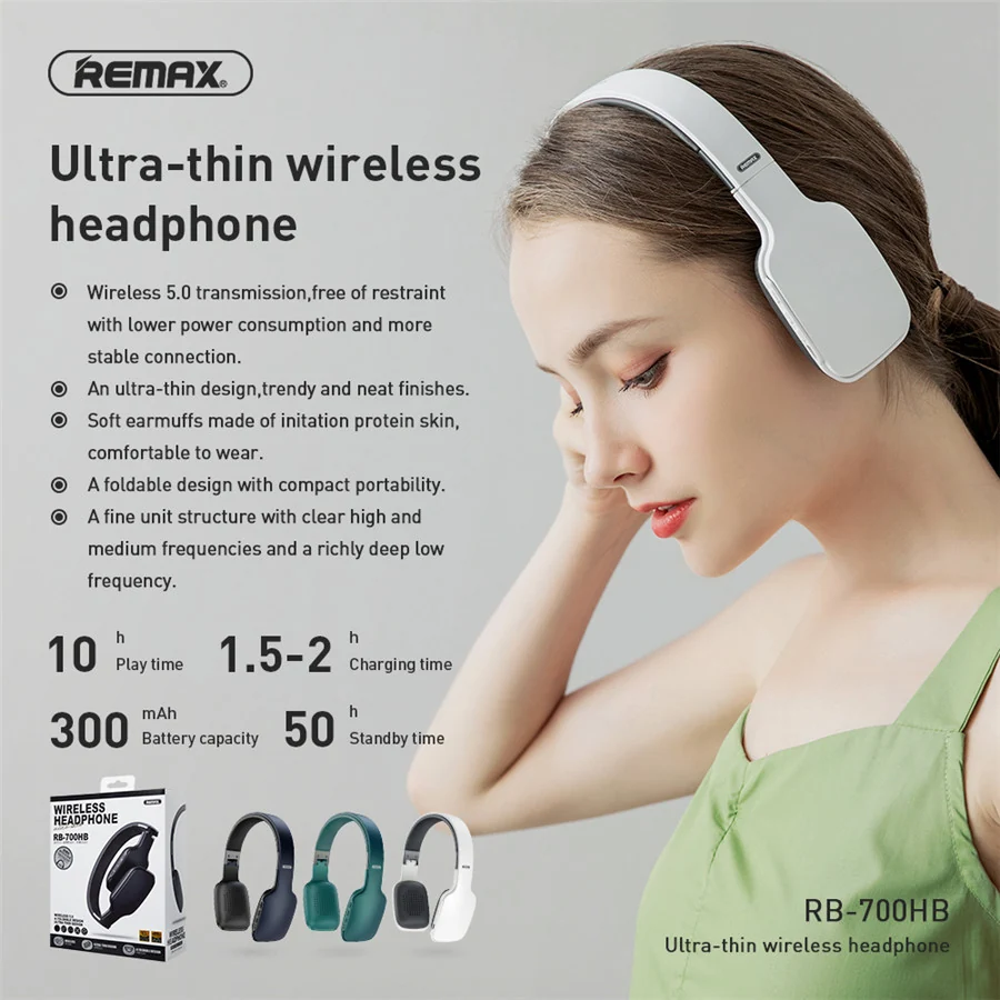 Remax RB-700HB Bluetooth Headphone Wireless 5.0 Earphone Ultra Thin Headset Wich Mic HD Call For iOS/Android