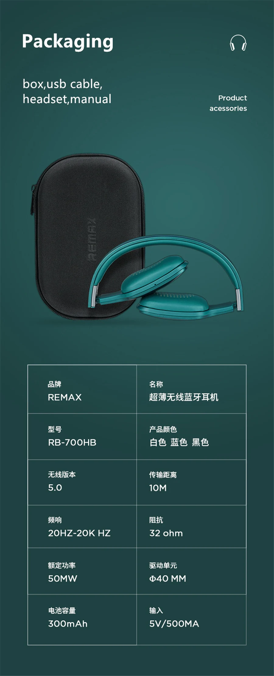 Remax RB-700HB Bluetooth Headphone Wireless 5.0 Earphone Ultra Thin Headset Wich Mic HD Call For iOS/Android