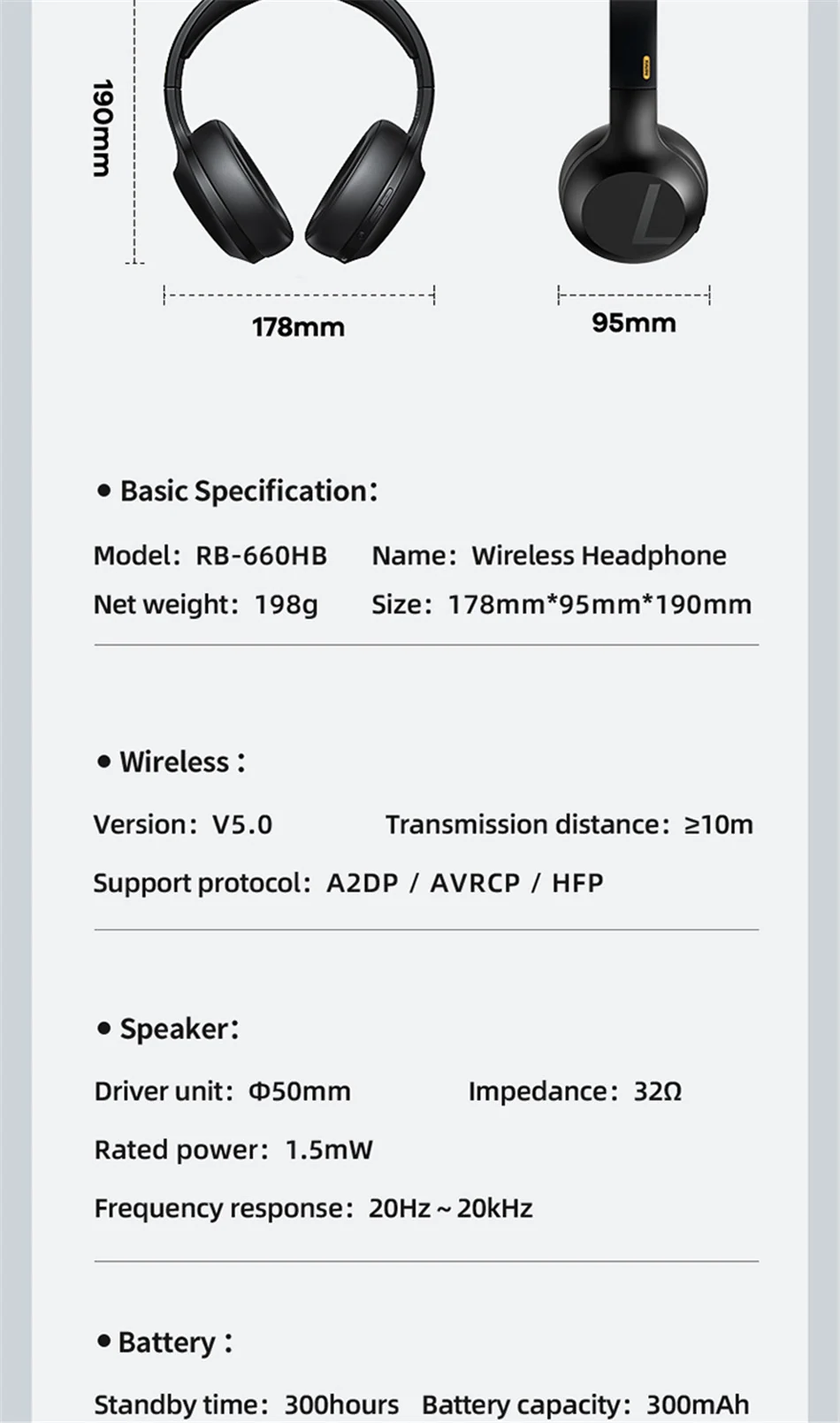 Remax RB-660HB Wireless Headphone Bluetooth 5.0 Earphone Headset Stunning Sound with 3.5mm Audio cable