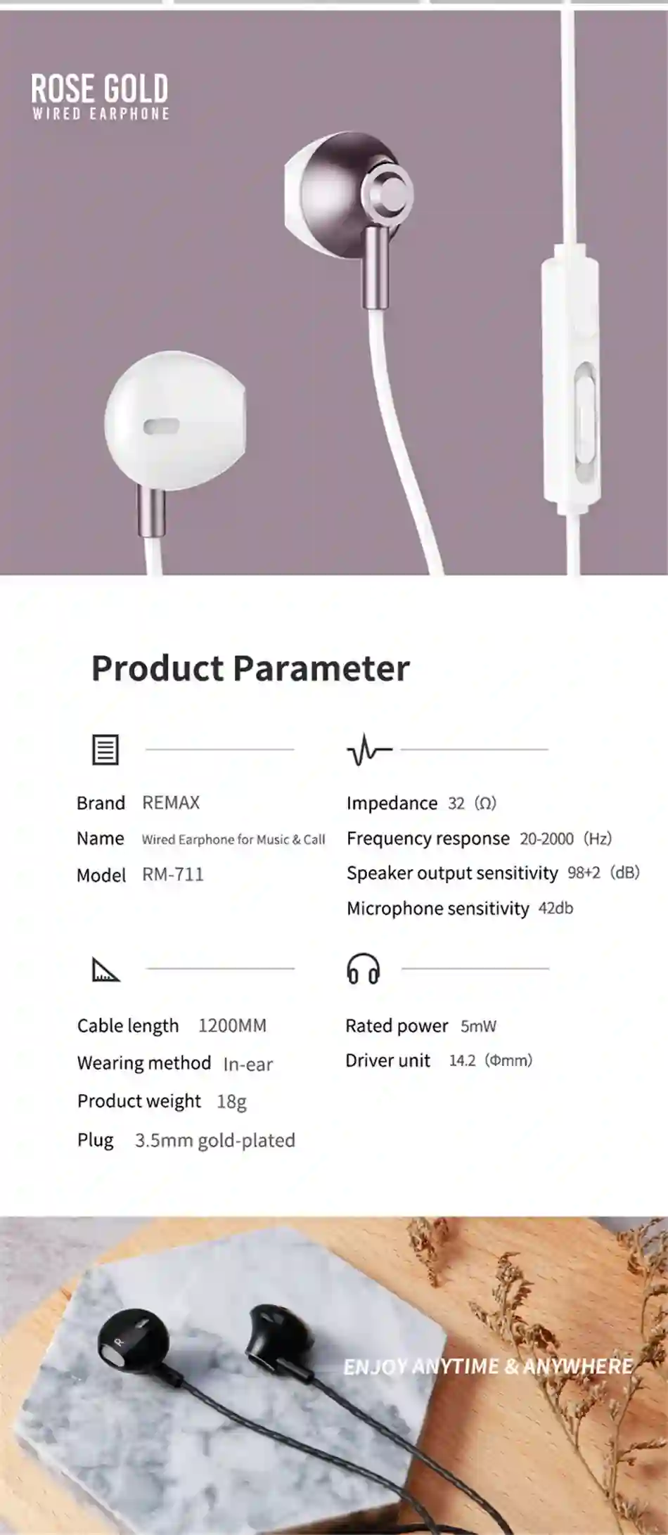 Remax Wired Earphone Type-C/3.5mm In-Ear Headphones For Call and Music 1.2m Cable With Mic