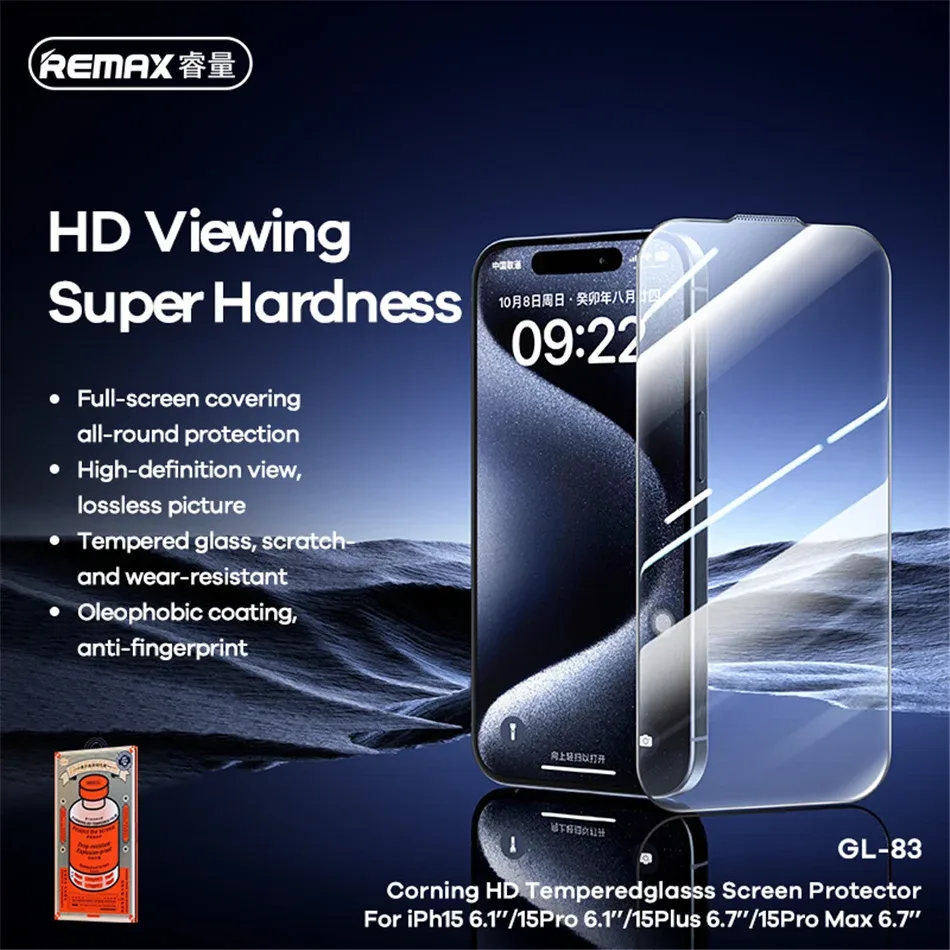 Remax Corning HD Tempered Glass Screen Protecter For iPhone 15Pro 15Promax For iPhone 15 Series