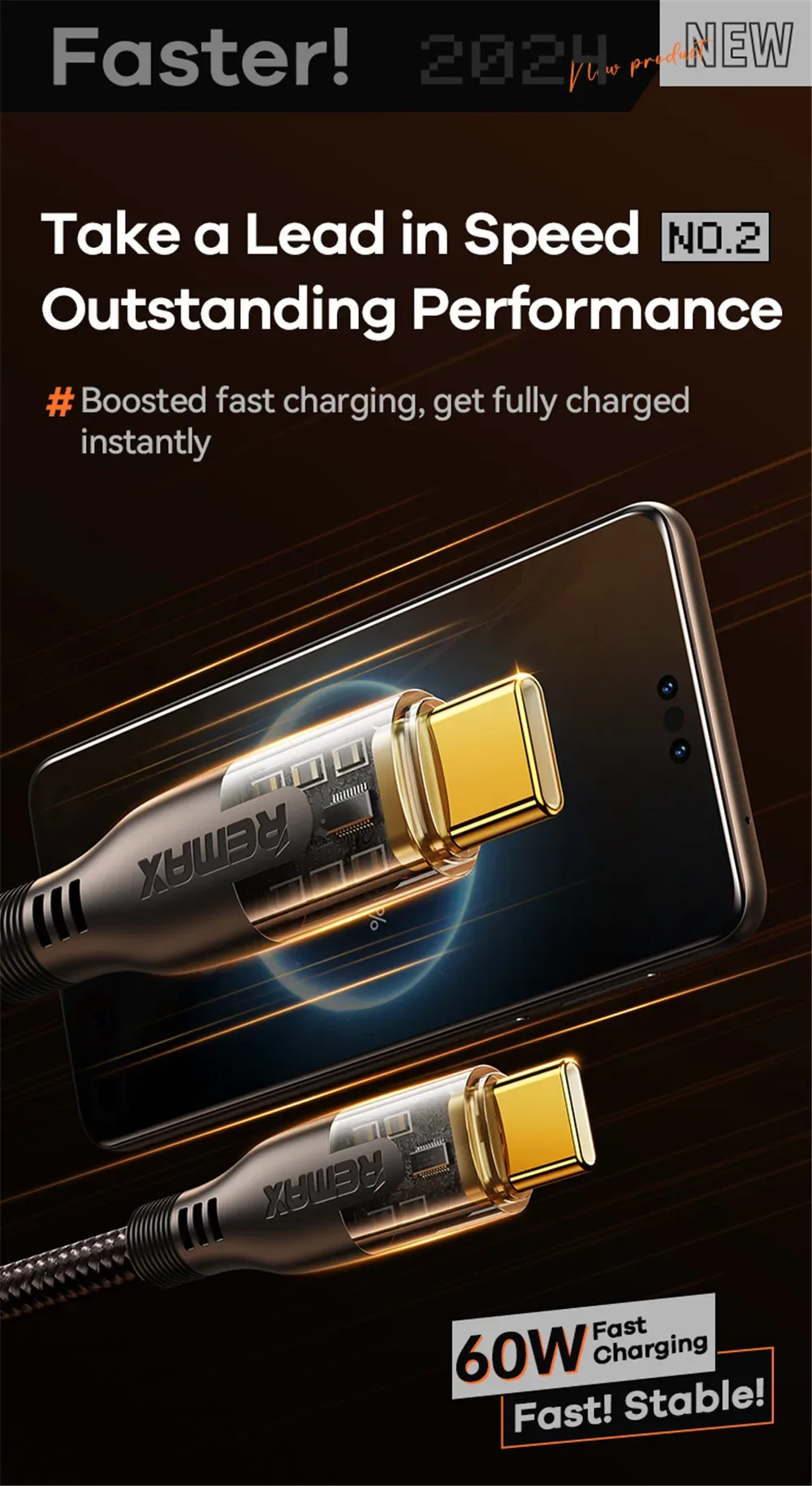 REMAX 60W Cyberpunk PD Fast Charging C-C Date USB Cable Type-C to Type-C Braided Cable For Phones/Laptop/Tablets
