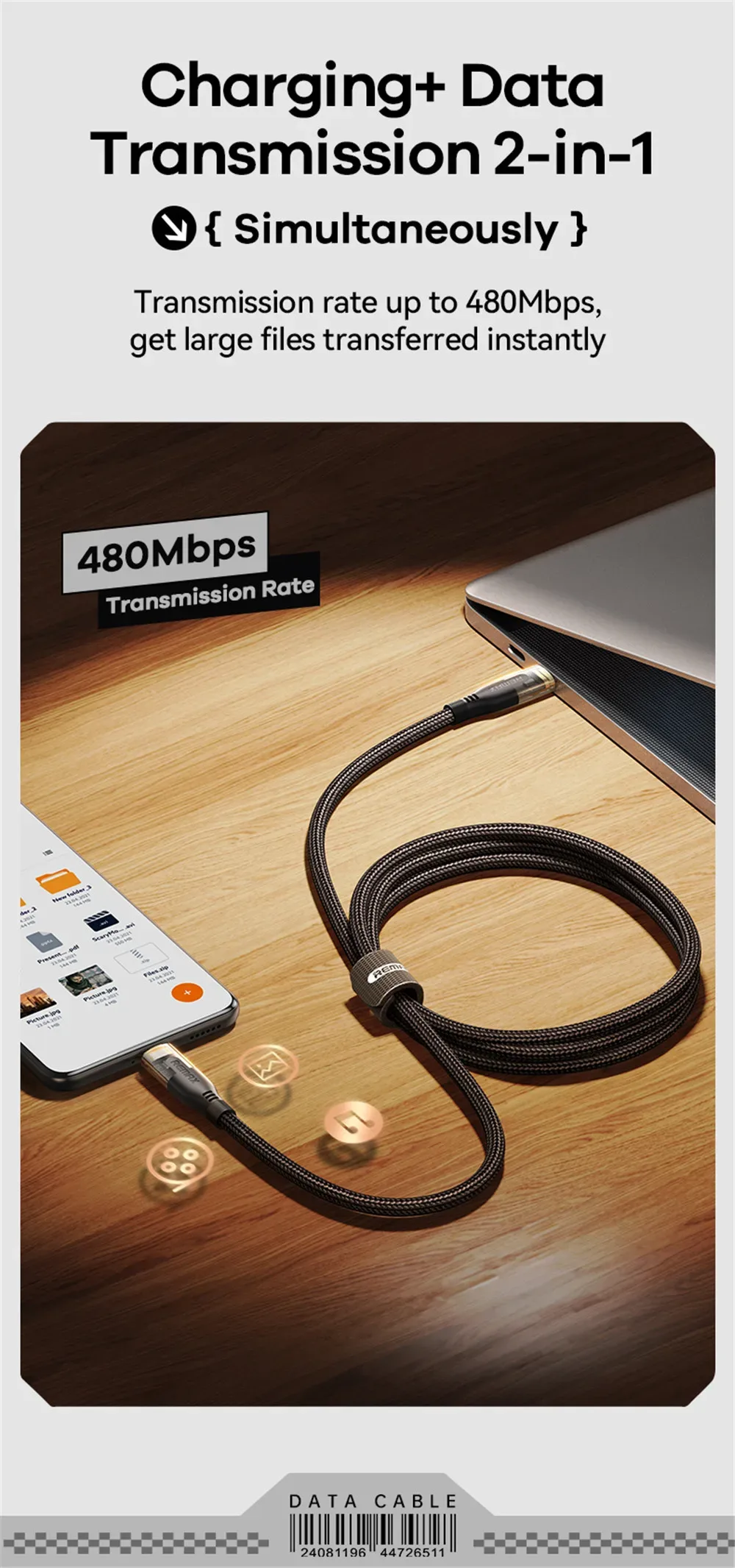 REMAX 60W Cyberpunk PD Fast Charging C-C Date USB Cable Type-C to Type-C Braided Cable For Phones/Laptop/Tablets