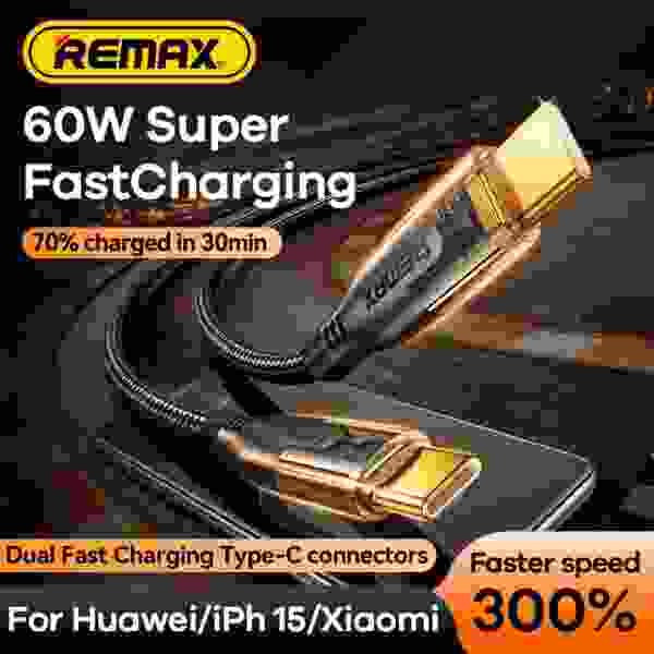 REMAX 60W Cyberpunk PD Fast Charging C-C Date USB Cable Type-C to Type-C Braided Cable For Phones/Laptop/Tablets — изображение 4
