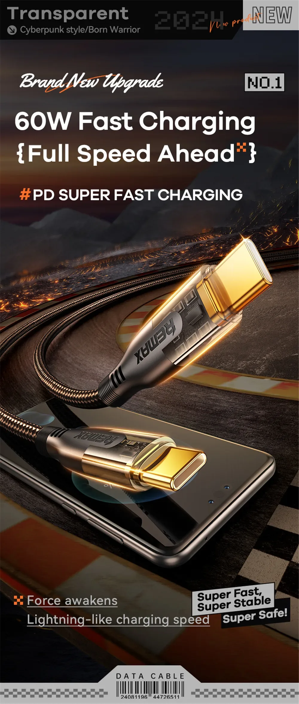REMAX 60W Cyberpunk PD Fast Charging C-C Date USB Cable Type-C to Type-C Braided Cable For Phones/Laptop/Tablets