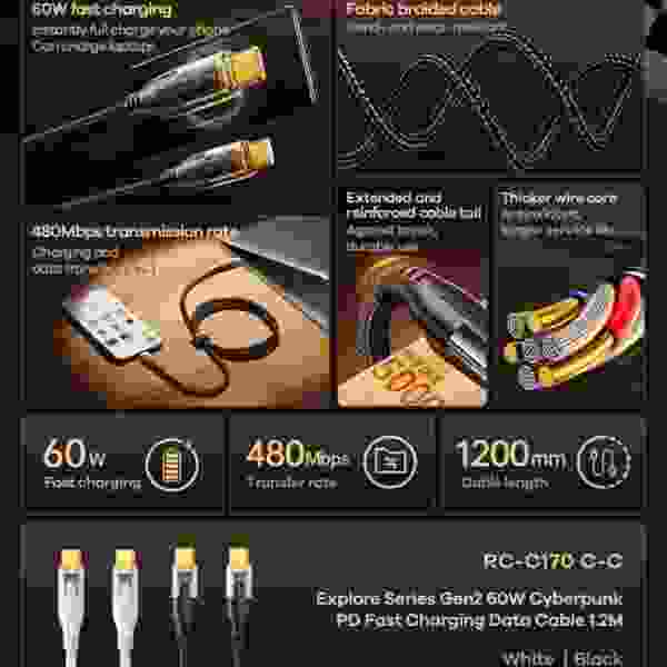 REMAX 60W Cyberpunk PD Fast Charging C-C Date USB Cable Type-C to Type-C Braided Cable For Phones/Laptop/Tablets — изображение 5
