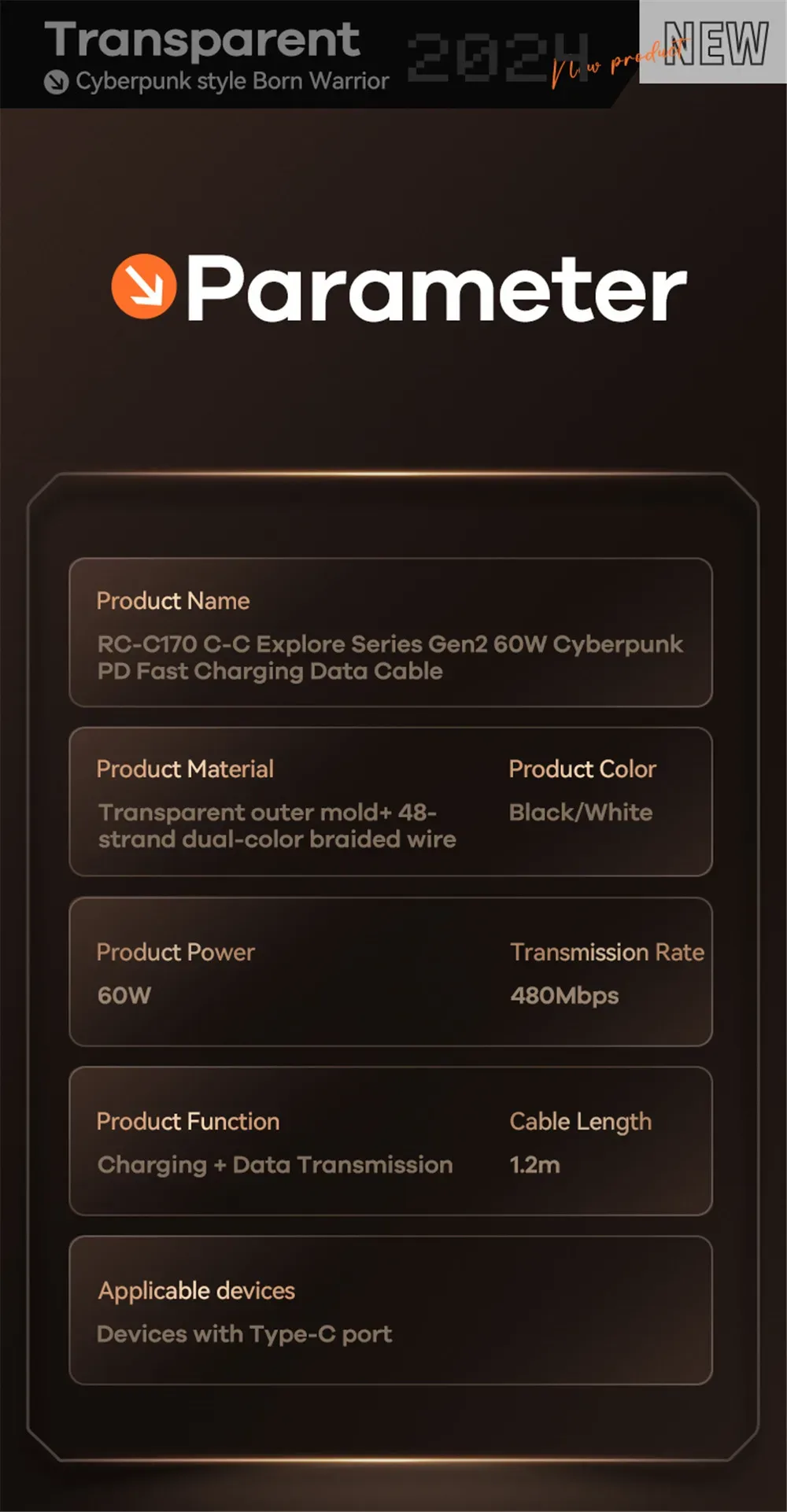 REMAX 60W Cyberpunk PD Fast Charging C-C Date USB Cable Type-C to Type-C Braided Cable For Phones/Laptop/Tablets