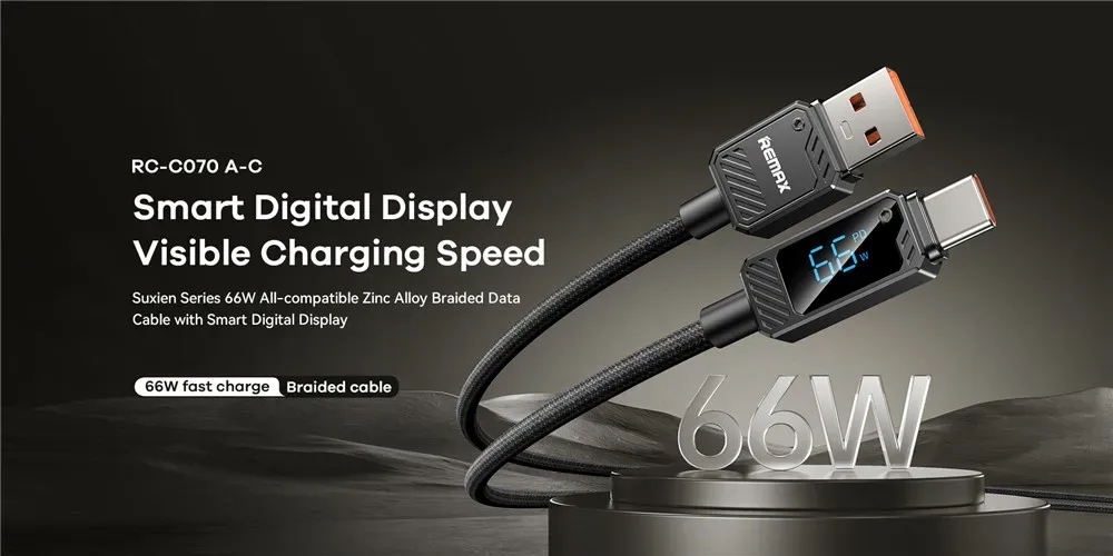 REMAX 66W Zinc Alloy Braided Usb Cable With Smart Digital Display A-C Date Cable USB-A to Type-C Fast Charging USB Cable
