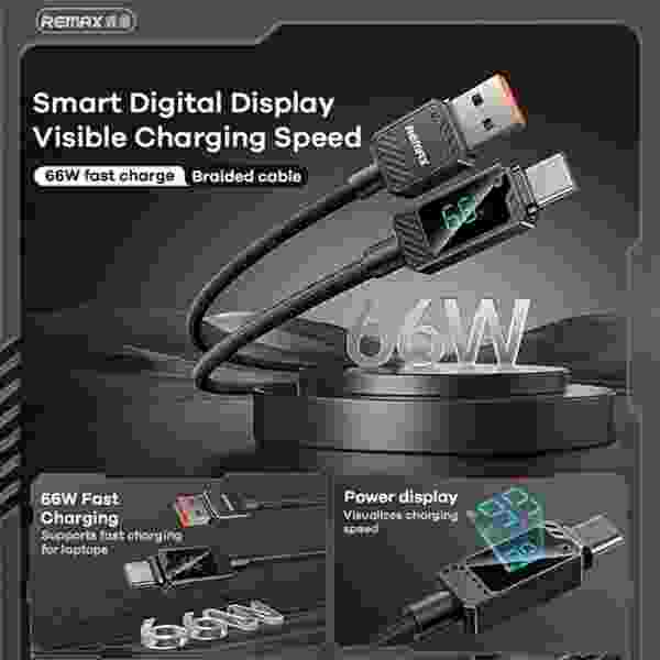 REMAX 66W Zinc Alloy Braided Usb Cable With Smart Digital Display A-C Date Cable USB-A to Type-C Fast Charging USB Cable — изображение 5