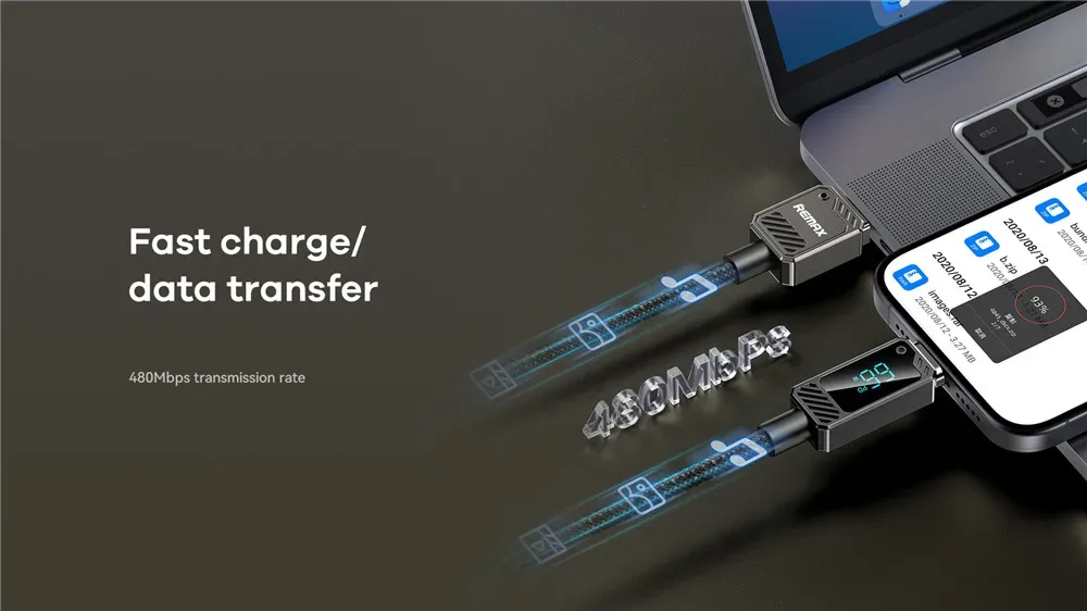 REMAX 66W Zinc Alloy Braided Usb Cable With Smart Digital Display A-C Date Cable USB-A to Type-C Fast Charging USB Cable