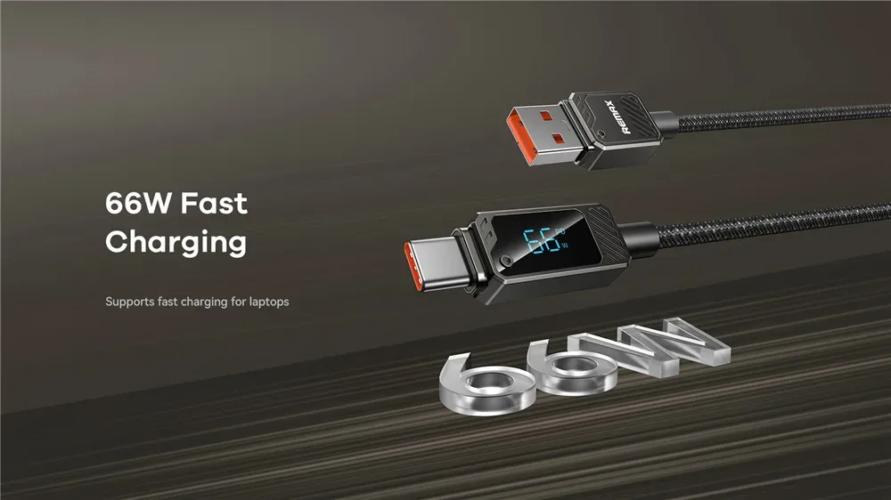 REMAX 66W Zinc Alloy Braided Usb Cable With Smart Digital Display A-C Date Cable USB-A to Type-C Fast Charging USB Cable