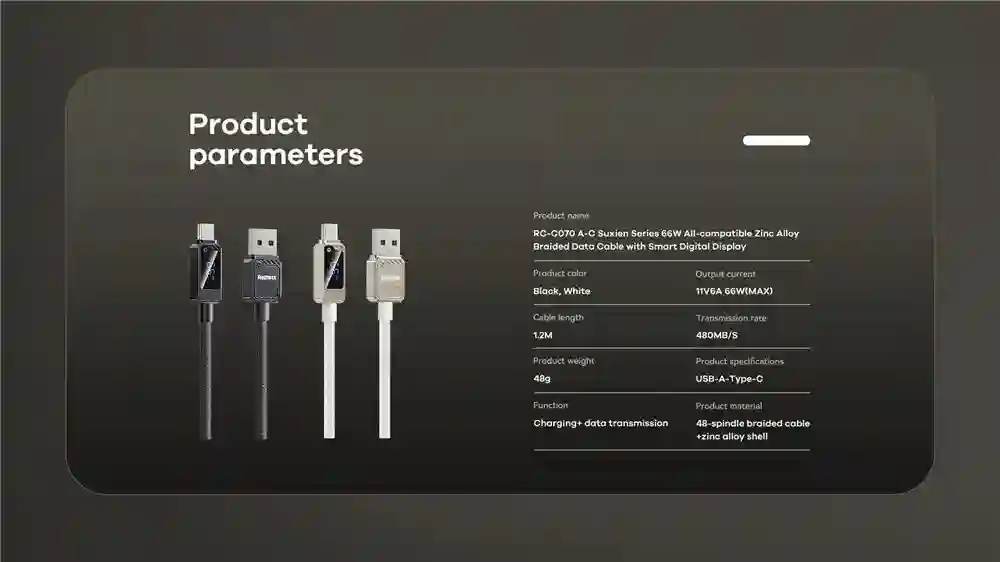 REMAX 66W Zinc Alloy Braided Usb Cable With Smart Digital Display A-C Date Cable USB-A to Type-C Fast Charging USB Cable