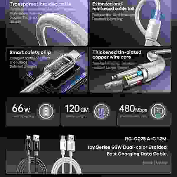REMAX 66W Braided A-C Fast Charging Usb Cable USB-A to Type-C Date Cable 1.2M length — изображение 3