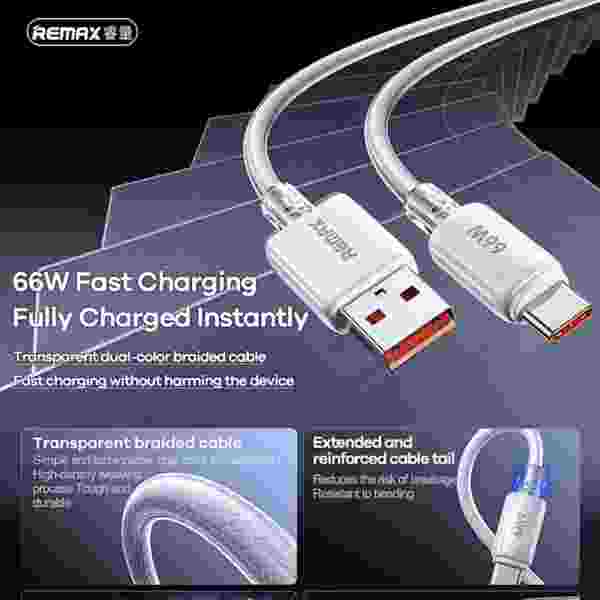 REMAX 66W Braided A-C Fast Charging Usb Cable USB-A to Type-C Date Cable 1.2M length — изображение 2