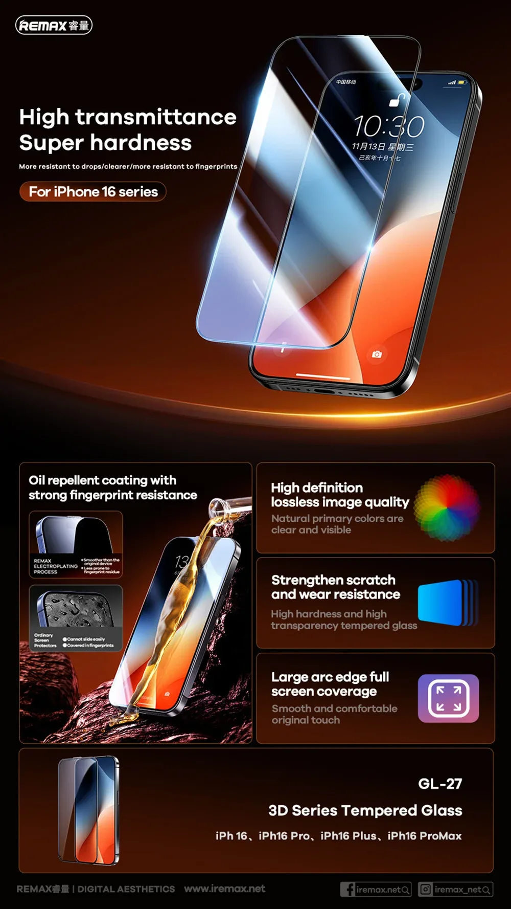REMAX 3D HD Clear Tempered Glass For iPhone 16 16Plus 16Pro 16Pro Max Screen Protector