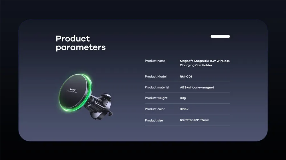 REMAX Magsafe 15W Max Magnetic Wireless Charging Car Holder 360° Rotation LED Intelligent Ambient Light Car Air Outlet Holder