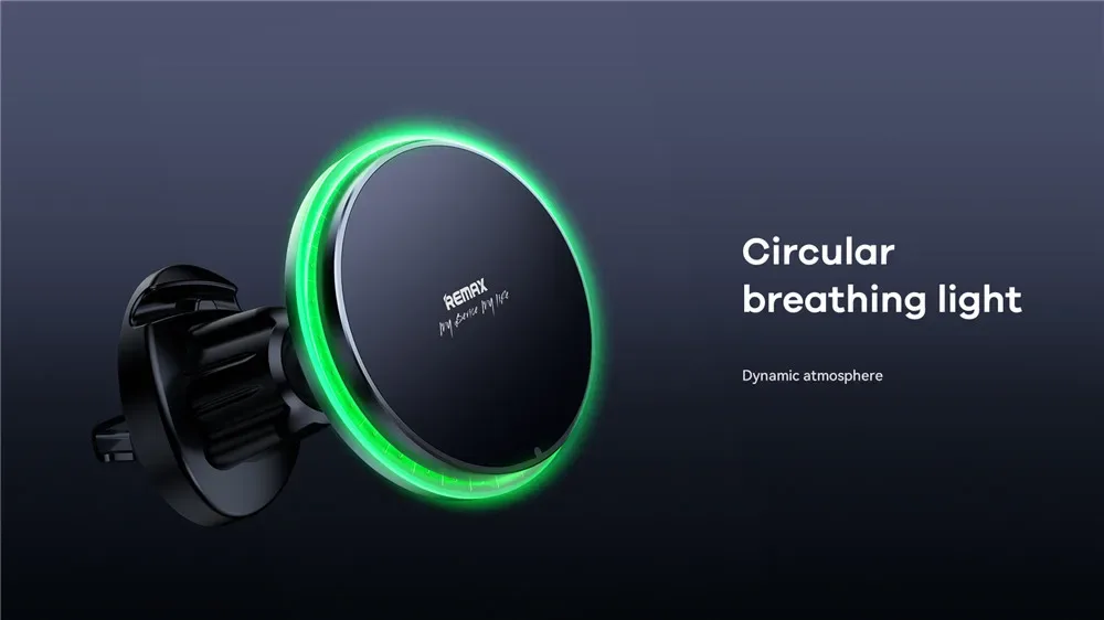 REMAX Magsafe 15W Max Magnetic Wireless Charging Car Holder 360° Rotation LED Intelligent Ambient Light Car Air Outlet Holder