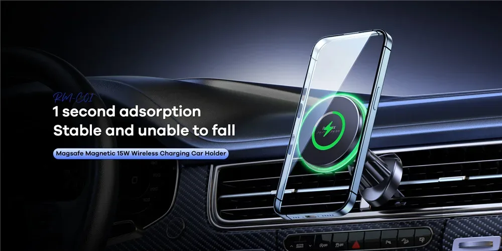 REMAX Magsafe 15W Max Magnetic Wireless Charging Car Holder 360° Rotation LED Intelligent Ambient Light Car Air Outlet Holder