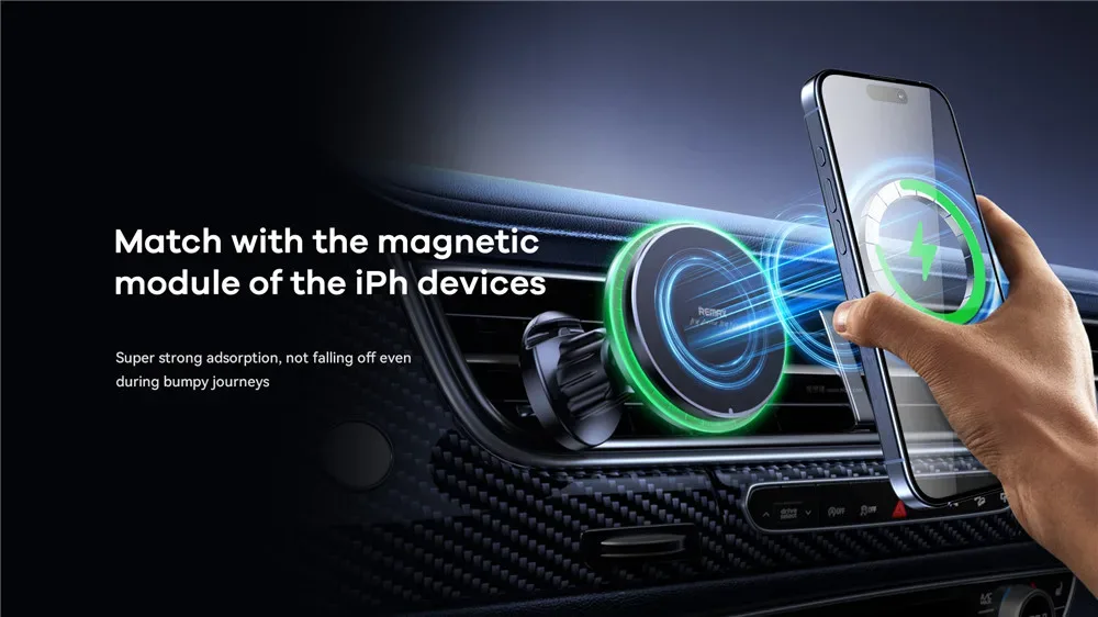 REMAX Magsafe 15W Max Magnetic Wireless Charging Car Holder 360° Rotation LED Intelligent Ambient Light Car Air Outlet Holder