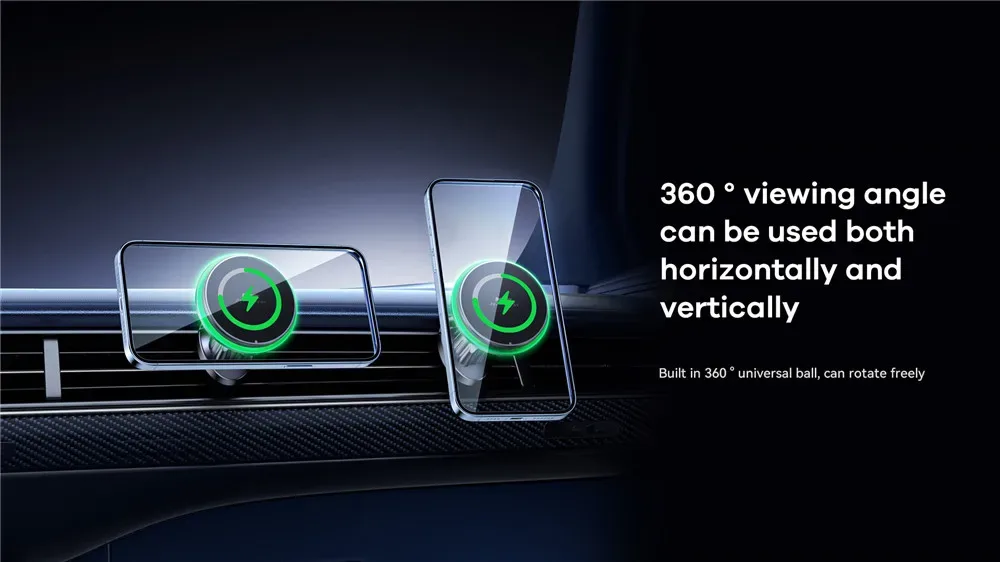 REMAX Magsafe 15W Max Magnetic Wireless Charging Car Holder 360° Rotation LED Intelligent Ambient Light Car Air Outlet Holder