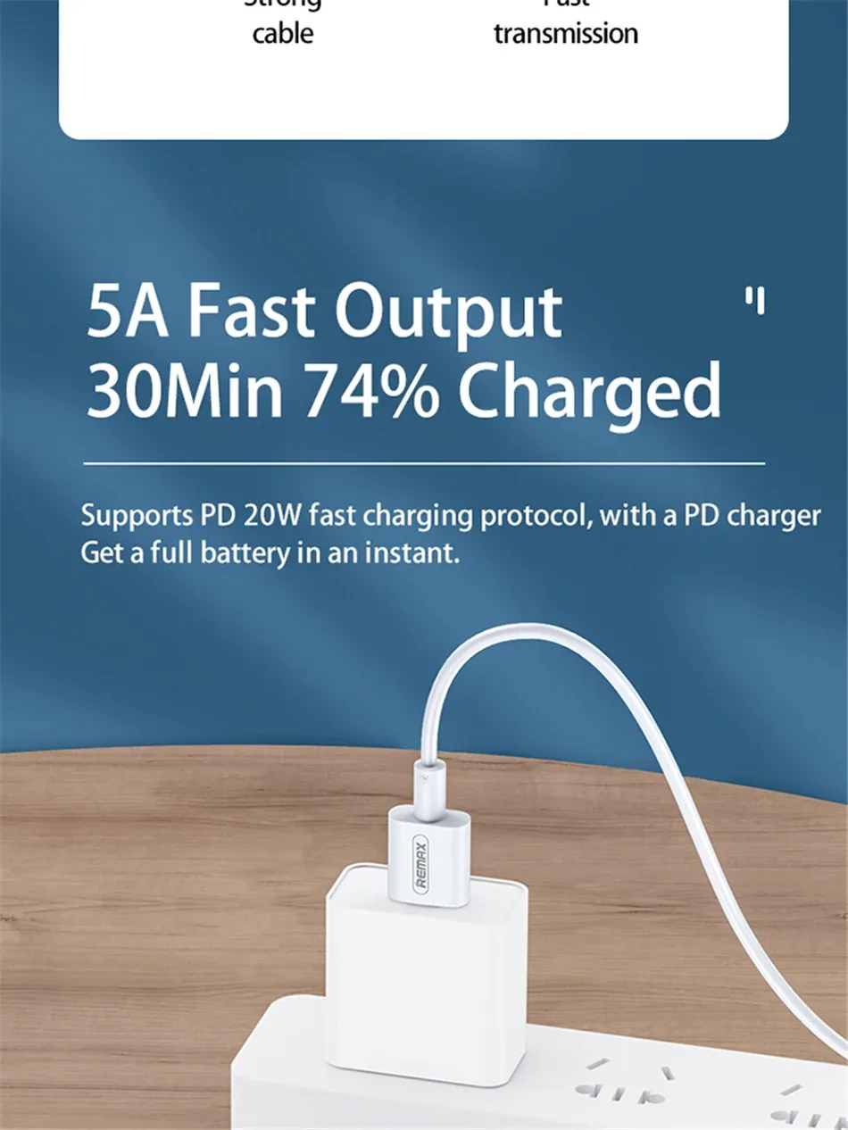 Remax 5A Fast Charging Data Cable Type-C Cable PD 22.5W Applicable to All USB Type-C Products High Speed Transmission 1M/2M