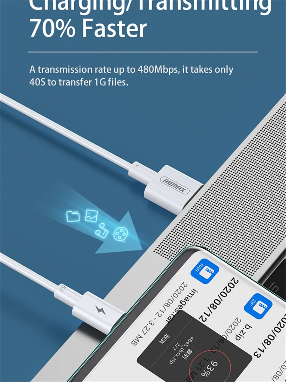 Remax 5A Fast Charging Data Cable Type-C Cable PD 22.5W Applicable to All USB Type-C Products High Speed Transmission 1M/2M