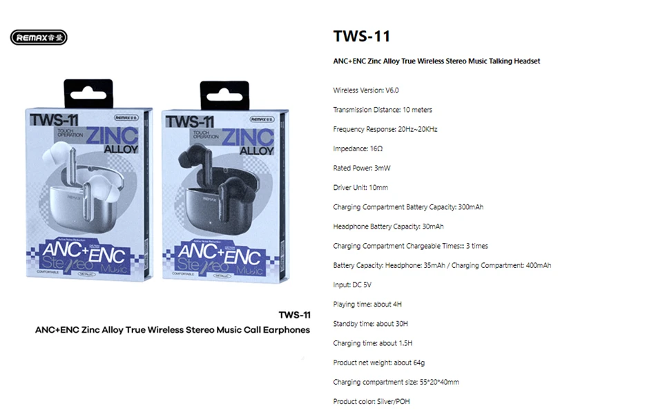 REMAX ANC+ENC Noise Reduction Zinc Alloy True Wireless Stereo Earphones TWS Earbuds For Music & Call Bluetooth V6.0 Headset