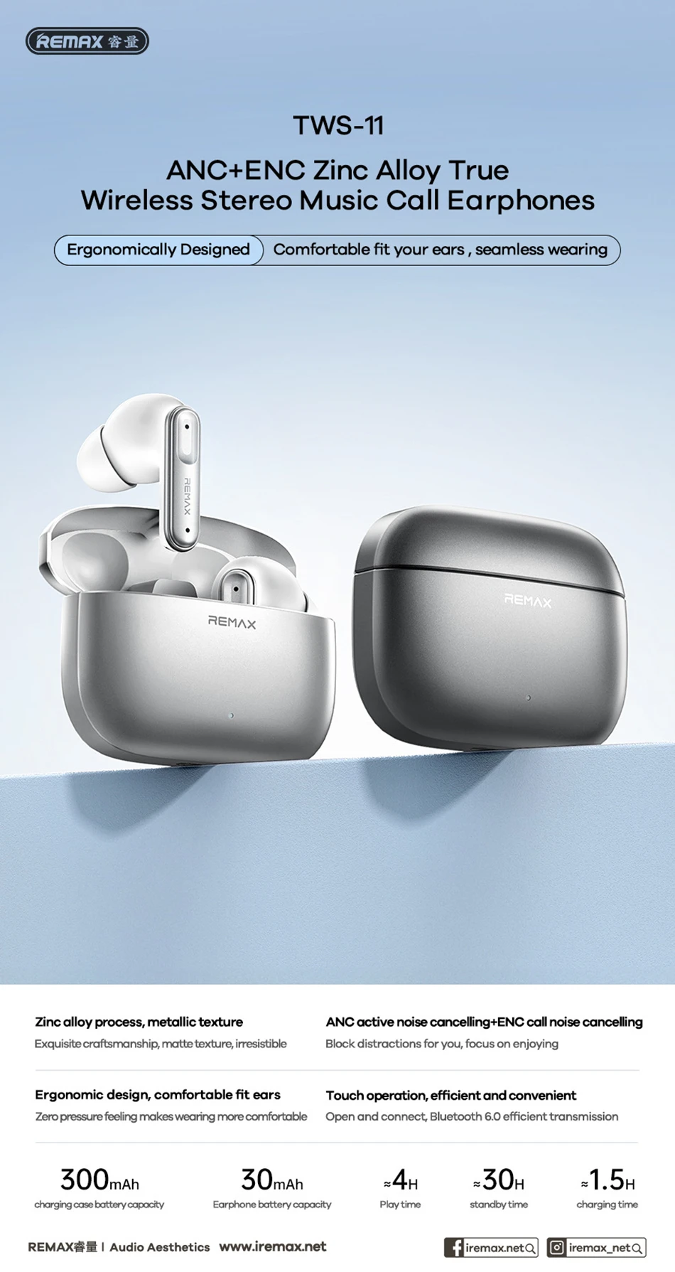 REMAX ANC+ENC Noise Reduction Zinc Alloy True Wireless Stereo Earphones TWS Earbuds For Music & Call Bluetooth V6.0 Headset