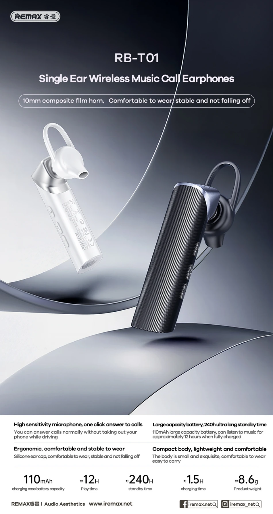 REMAX New Single Ear Wireless Earphone For Call & Music Bluetooth 5.4 Headphone With Mic RB-T01