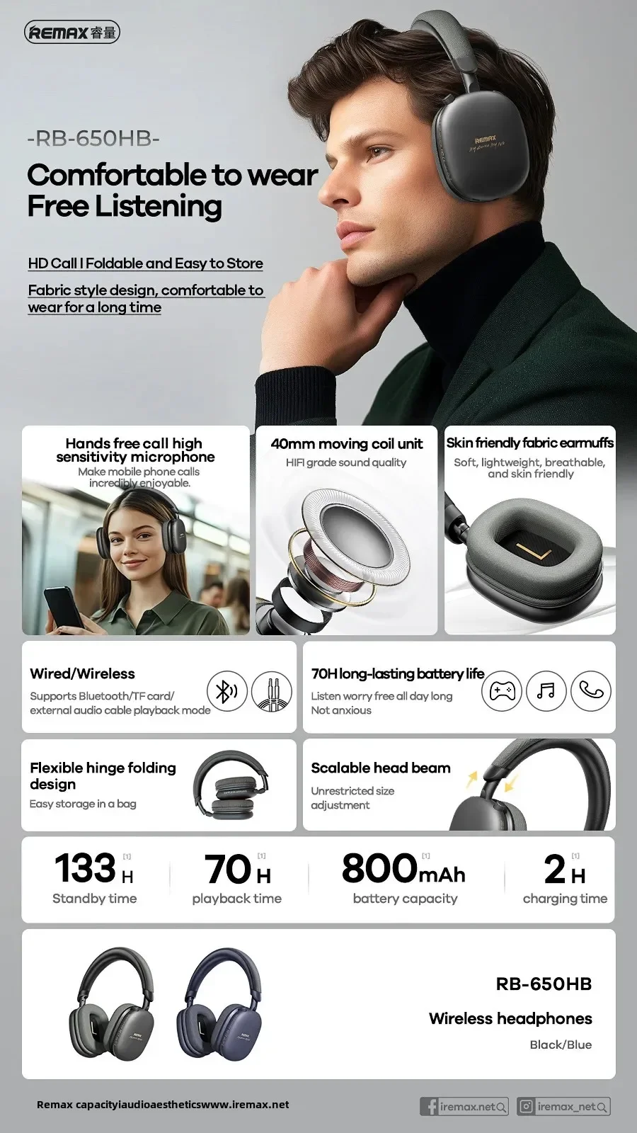 Remax Over Ear Headphones Wireless Bluetooth V5.4 Audifonos 70hr Battery Life Earphones Foldable Design Wireless Headphones