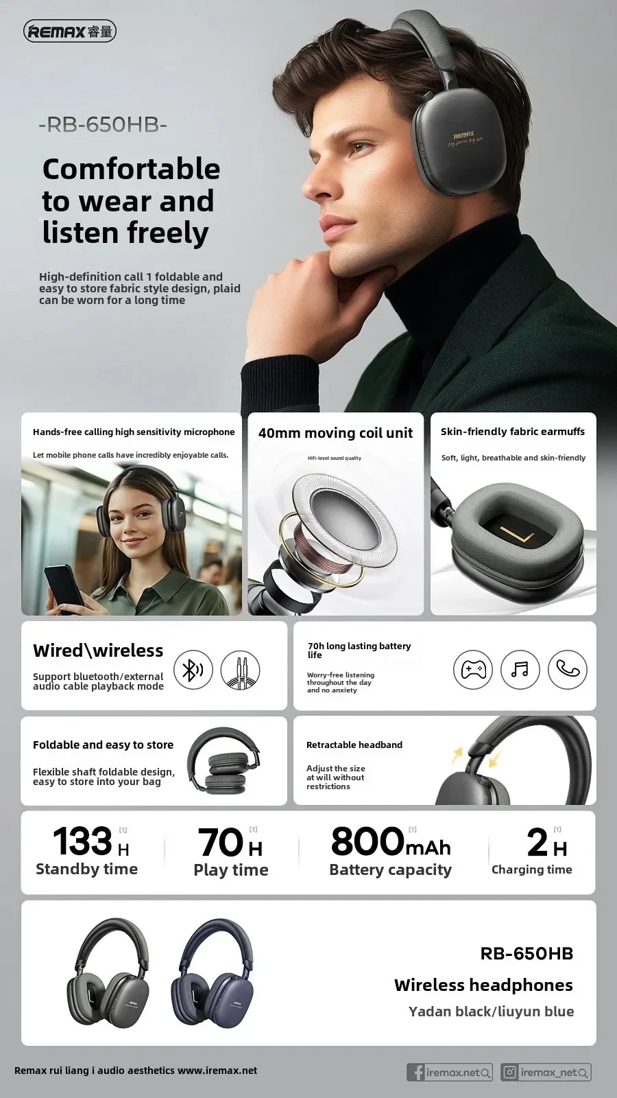 Remax Over Ear Headphones Wireless Bluetooth V5.4 Audifonos 70hr Battery Life Earphones Foldable Design Wireless Headphones