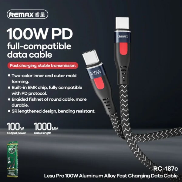 Кабель для зарядки и передачи данных REMAX RC-187c 100W Type-C — Type-C (Lesu PRO)