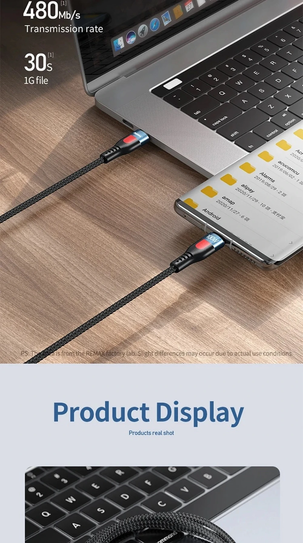 Remax cable100W Type C Fast Charging Braided Cable for iPhone 15 Charging Cable Data Transmission Cord for iPhone Xiaomi Samsung
