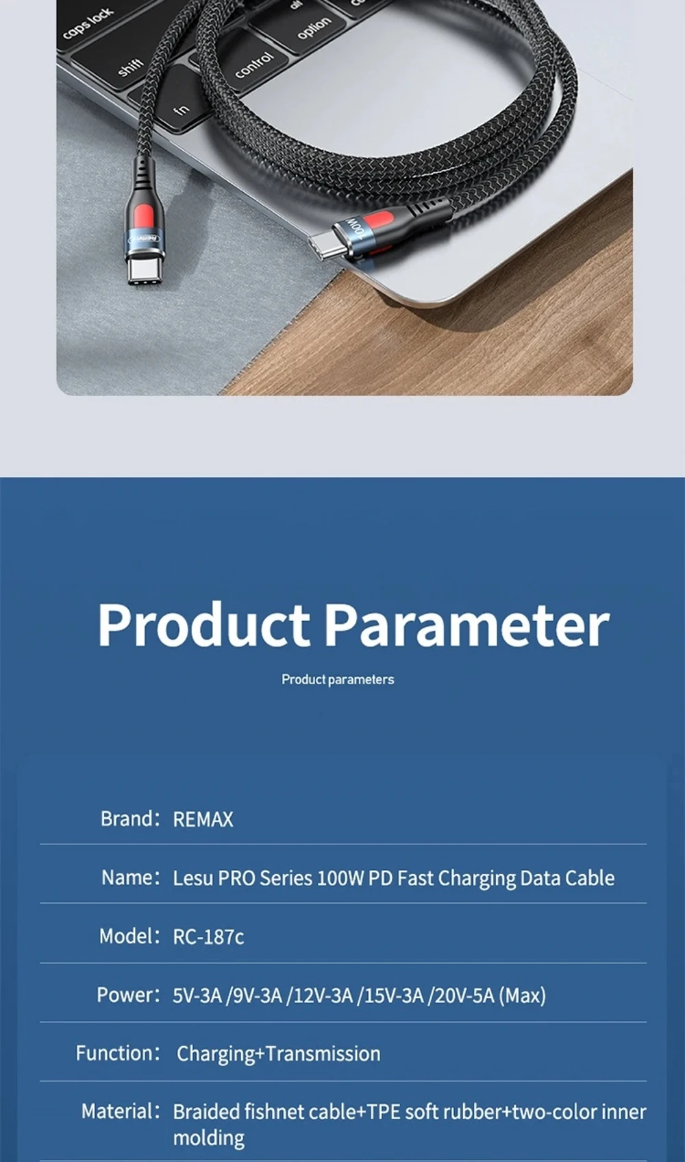 Remax cable100W Type C Fast Charging Braided Cable for iPhone 15 Charging Cable Data Transmission Cord for iPhone Xiaomi Samsung
