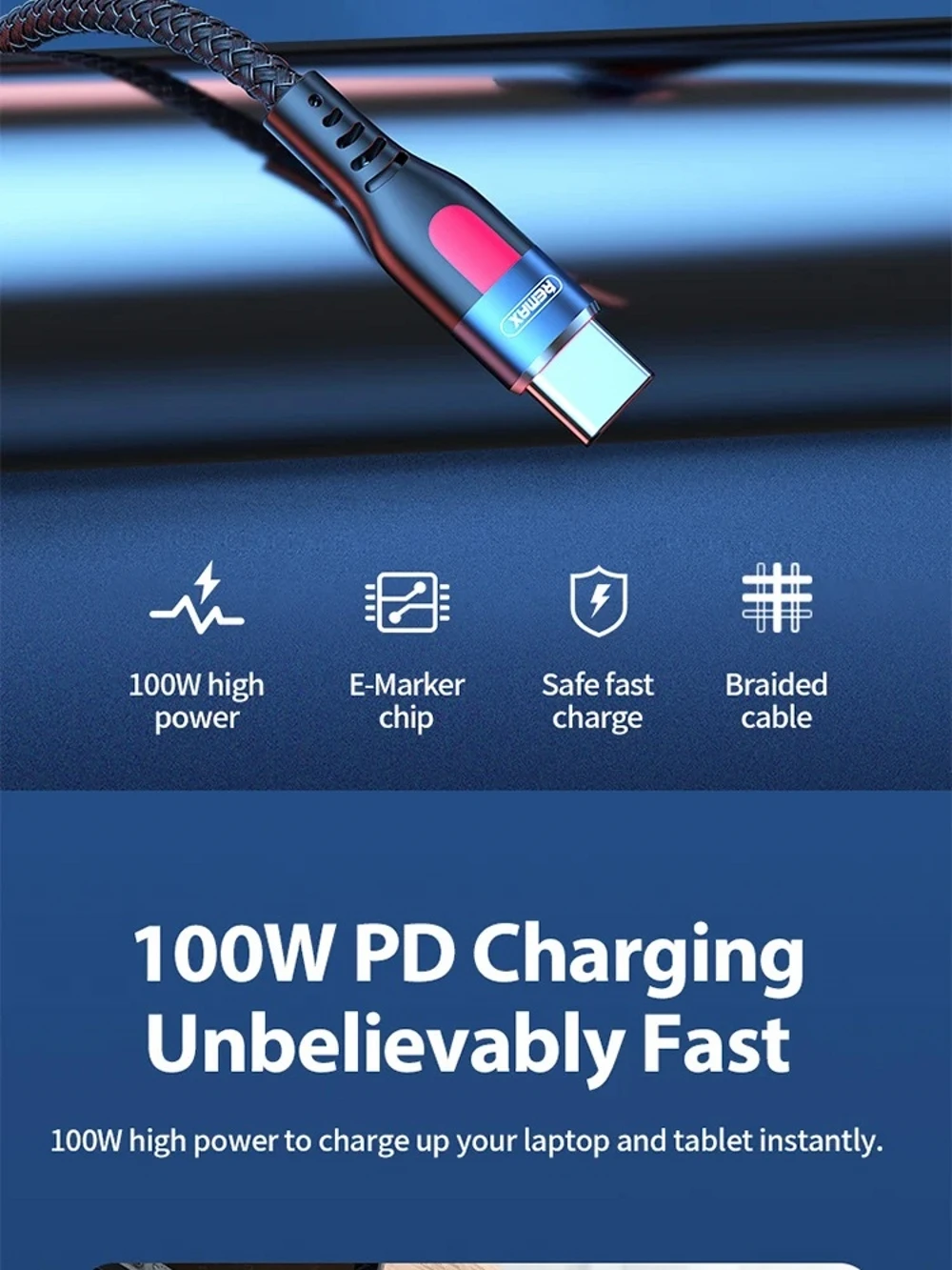 Remax cable100W Type C Fast Charging Braided Cable for iPhone 15 Charging Cable Data Transmission Cord for iPhone Xiaomi Samsung
