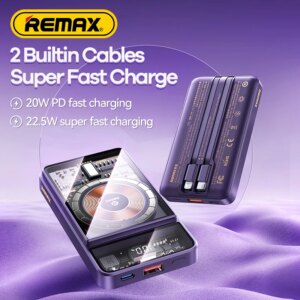 Внешний аккумулятор REMAX RPP-580 10000 мАч со встроенными кабелями и магнитной беспроводной зарядкой 15W