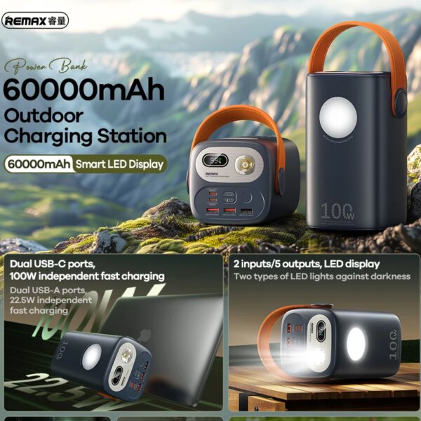 Внешний аккумулятор REMAX RPP-123 60000 мАч с LED-фонарем и быстрой зарядкой 27W — изображение 4
