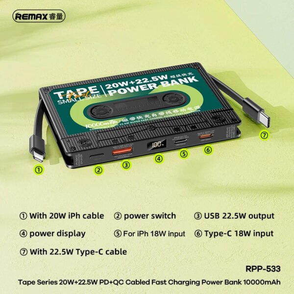 Внешний аккумулятор Remax RPP-533 Tape Power с кабелями 10000 мАч (22.5W) — изображение 6