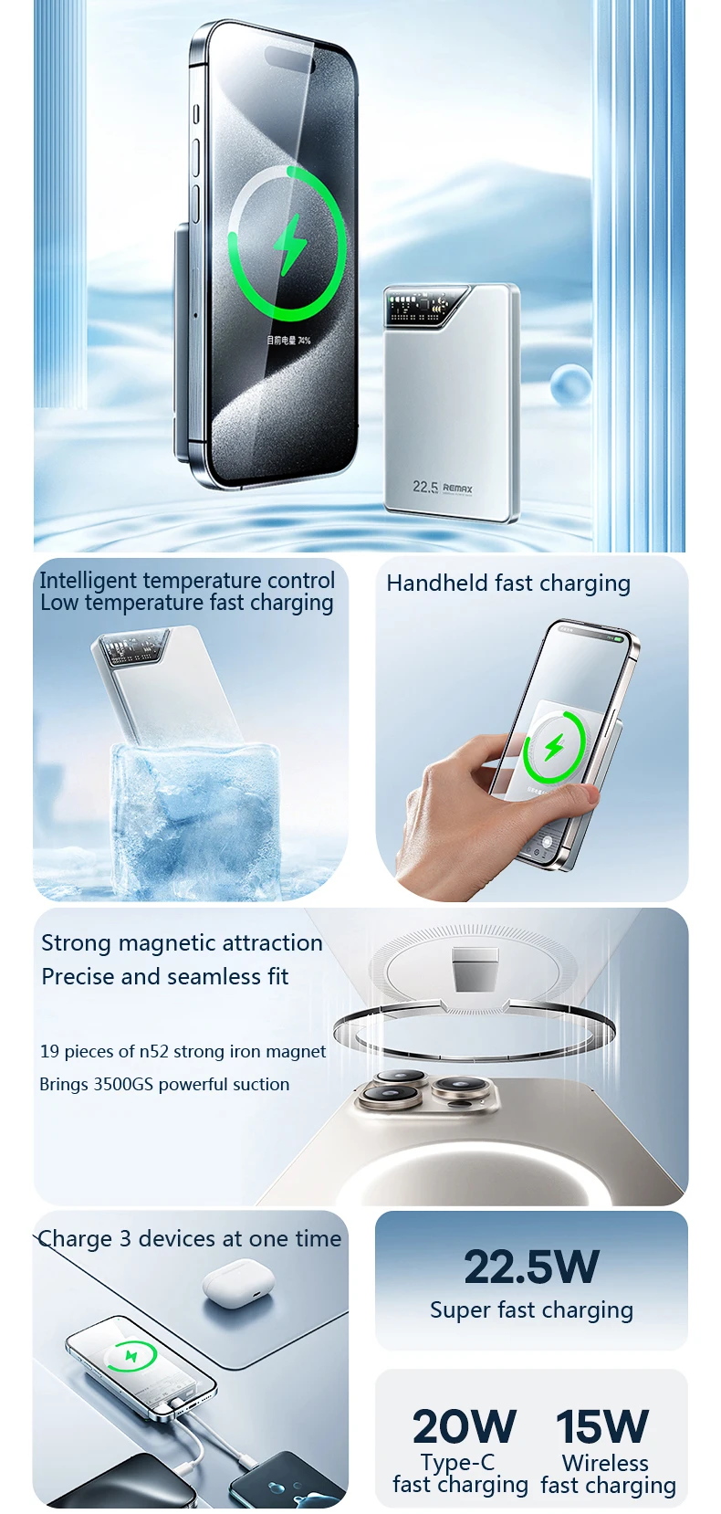 REMAX Power Bank Fast Charging For iPhone 15 14 Pro MAX 13 Samsung Xiaomi Oneplus Huawei vs Magnetic PowerBank Portable Charger