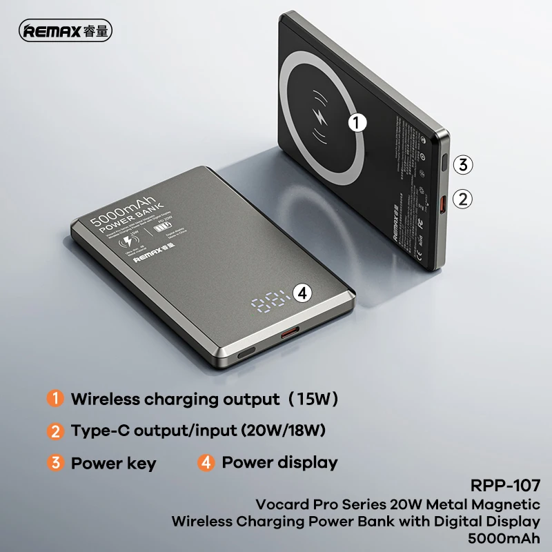 REMAX Magnetic Power Bank Alloy Wireless Charger For iPhone 15 Pro MAX 13 12 Xiaomi 14 Samsung S23 Ultra Thin Portable PowerBank