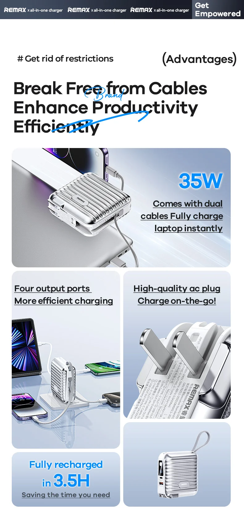 REMAX 15000mAh Power Bank Fast Charging For iPhone 15 MacBook iPad Airpods Xiaomi Laptop Tablet Portable PowerBank Wall Charger
