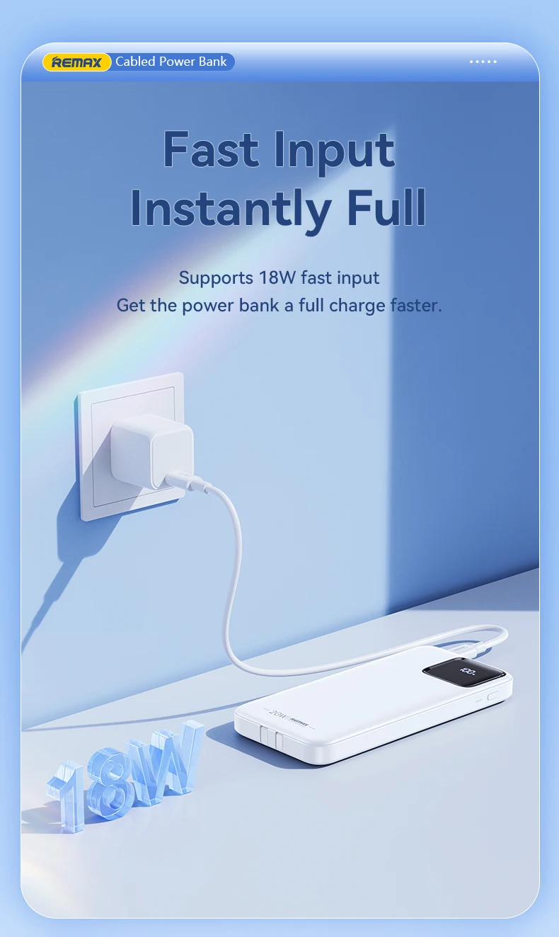 REMAX 10000mAh Power Bank Portable PowerBank External Charger For iPhone Xiaomi Samsung Oneplus Huawei Android Built-in Cables