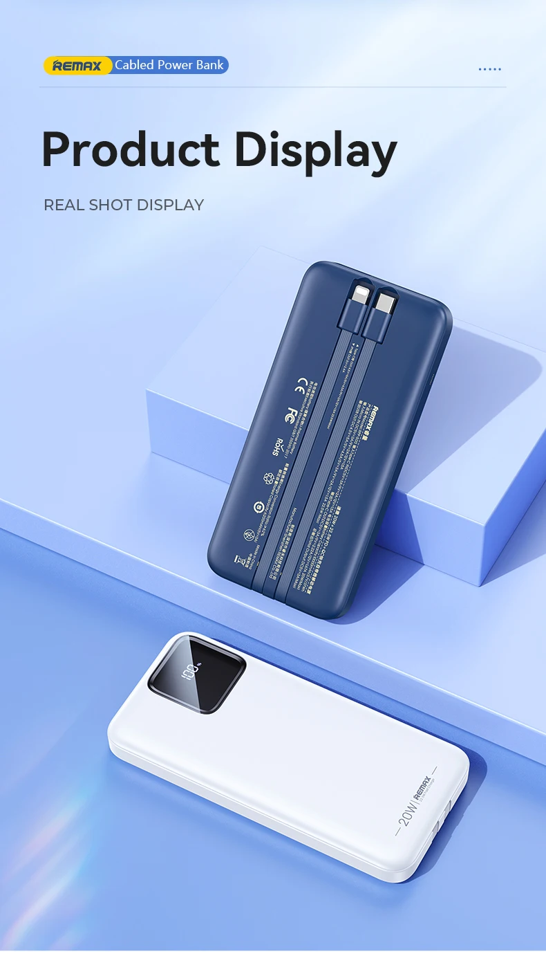 REMAX 10000mAh Power Bank Portable PowerBank External Charger For iPhone Xiaomi Samsung Oneplus Huawei Android Built-in Cables