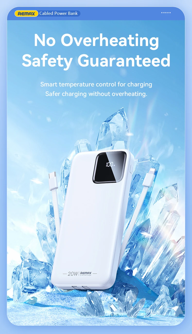 REMAX 10000mAh Power Bank Portable PowerBank External Charger For iPhone Xiaomi Samsung Oneplus Huawei Android Built-in Cables