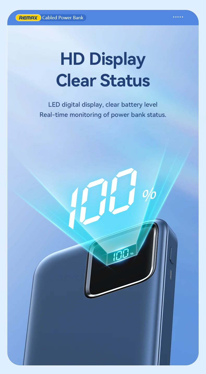 REMAX 10000mAh Power Bank Portable PowerBank External Charger For iPhone Xiaomi Samsung Oneplus Huawei Android Built-in Cables