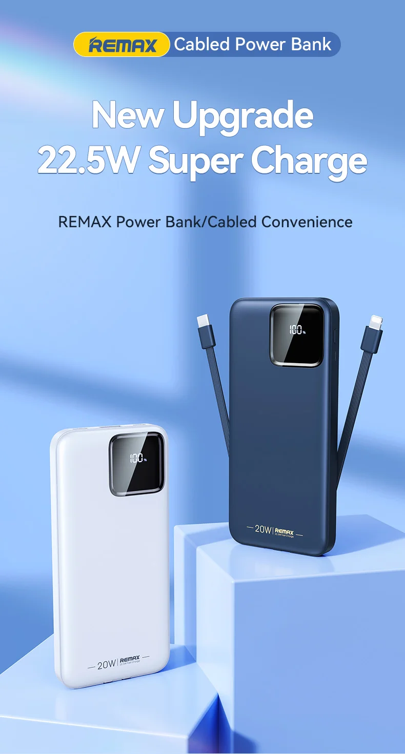 REMAX 10000mAh Power Bank Portable PowerBank External Charger For iPhone Xiaomi Samsung Oneplus Huawei Android Built-in Cables
