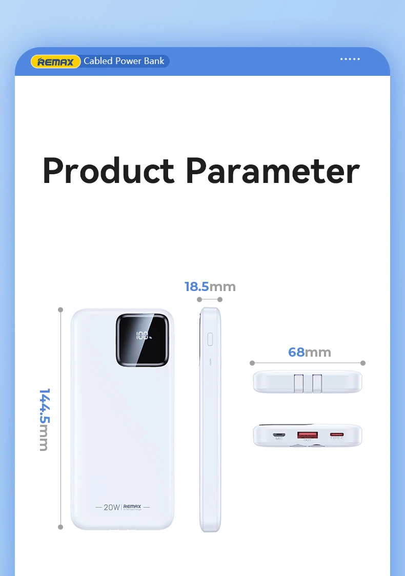 REMAX 10000mAh Power Bank Portable PowerBank External Charger For iPhone Xiaomi Samsung Oneplus Huawei Android Built-in Cables