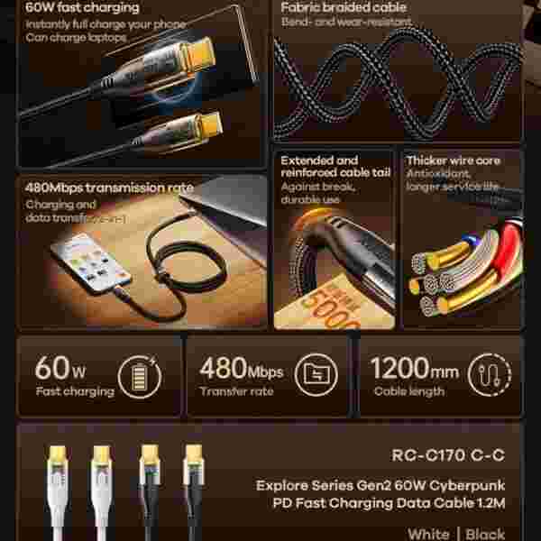 REMAX 60W Cyberpunk PD Fast Charging C-C Date USB Cable Type-C to Type-C Braided Cable For Phones/Laptop/Tablets — изображение 5