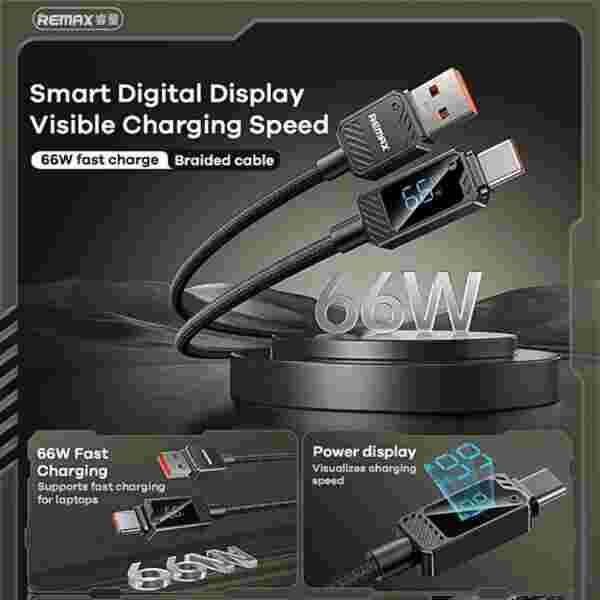 REMAX 66W Zinc Alloy Braided Usb Cable With Smart Digital Display A-C Date Cable USB-A to Type-C Fast Charging USB Cable — изображение 5