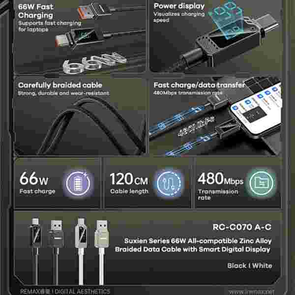 REMAX 66W Zinc Alloy Braided Usb Cable With Smart Digital Display A-C Date Cable USB-A to Type-C Fast Charging USB Cable — изображение 6